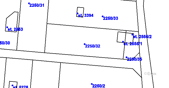 Parcela st. 2250/32 v KÚ Rokycany, Katastrální mapa