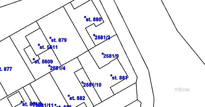 Parcela st. 2581/9 v KÚ Rokycany, Katastrální mapa
