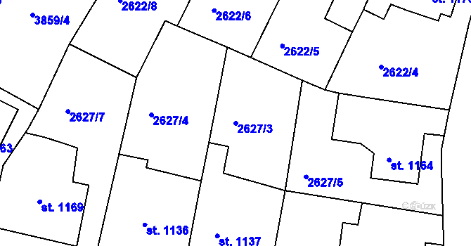 Parcela st. 2627/3 v KÚ Rokycany, Katastrální mapa