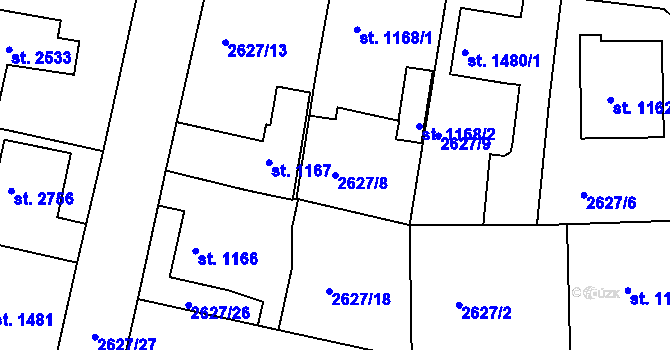 Parcela st. 2627/8 v KÚ Rokycany, Katastrální mapa