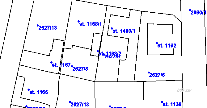 Parcela st. 2627/9 v KÚ Rokycany, Katastrální mapa