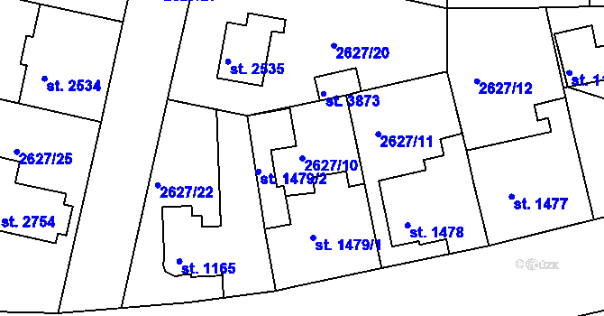 Parcela st. 2627/10 v KÚ Rokycany, Katastrální mapa