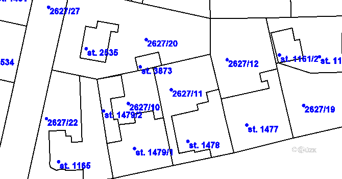 Parcela st. 2627/11 v KÚ Rokycany, Katastrální mapa