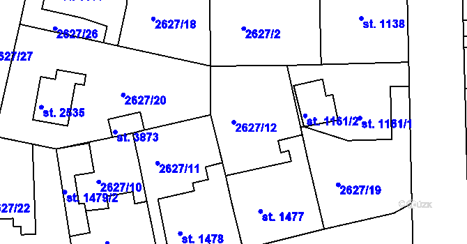 Parcela st. 2627/12 v KÚ Rokycany, Katastrální mapa