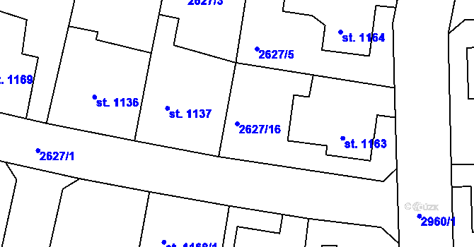 Parcela st. 2627/16 v KÚ Rokycany, Katastrální mapa