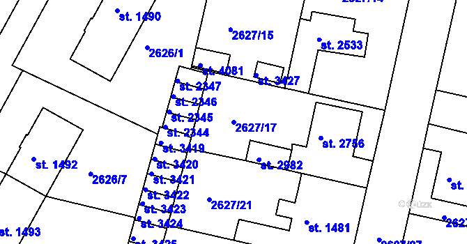 Parcela st. 2627/17 v KÚ Rokycany, Katastrální mapa