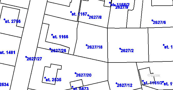 Parcela st. 2627/18 v KÚ Rokycany, Katastrální mapa