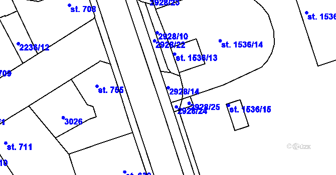 Parcela st. 2928/14 v KÚ Rokycany, Katastrální mapa