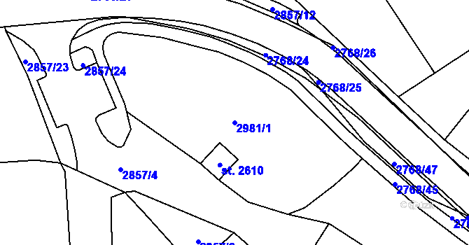 Parcela st. 2981/1 v KÚ Rokycany, Katastrální mapa