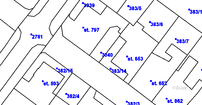 Parcela st. 3040 v KÚ Rokycany, Katastrální mapa