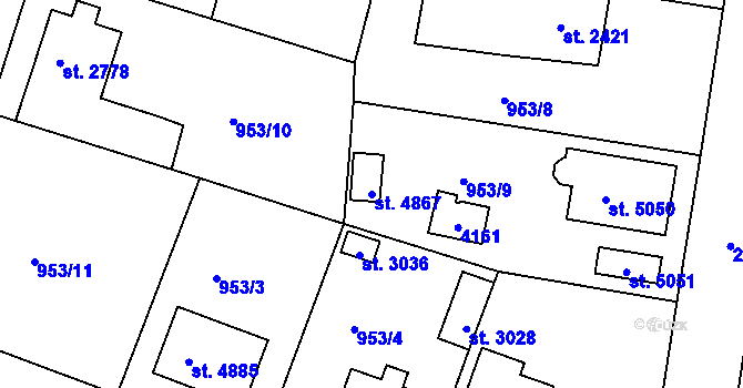 Parcela st. 4867 v KÚ Rokycany, Katastrální mapa