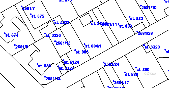 Parcela st. 884/1 v KÚ Rokycany, Katastrální mapa