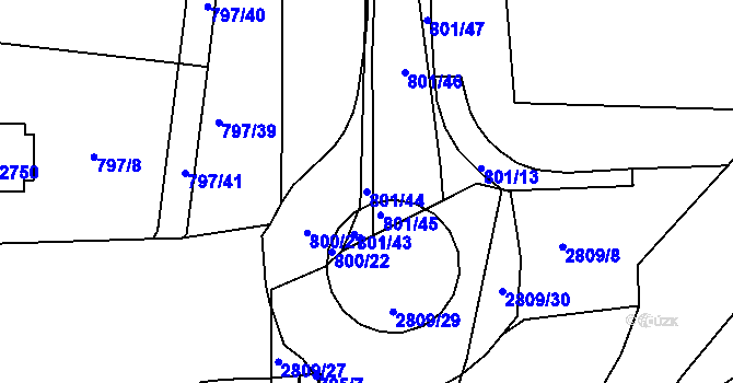 Parcela st. 801/44 v KÚ Rokycany, Katastrální mapa
