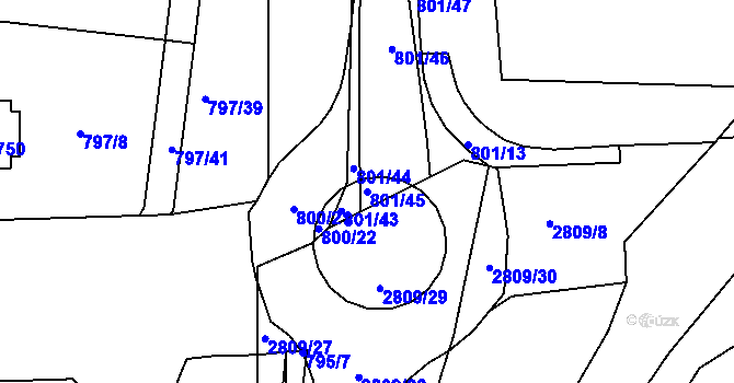 Parcela st. 801/45 v KÚ Rokycany, Katastrální mapa
