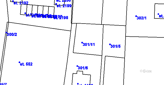 Parcela st. 301/11 v KÚ Rokycany, Katastrální mapa