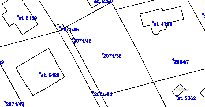 Parcela st. 2071/36 v KÚ Rokycany, Katastrální mapa