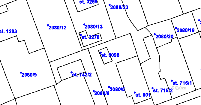Parcela st. 5098 v KÚ Rokycany, Katastrální mapa