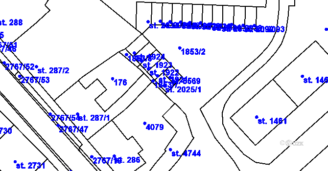 Parcela st. 2025/1 v KÚ Rokycany, Katastrální mapa