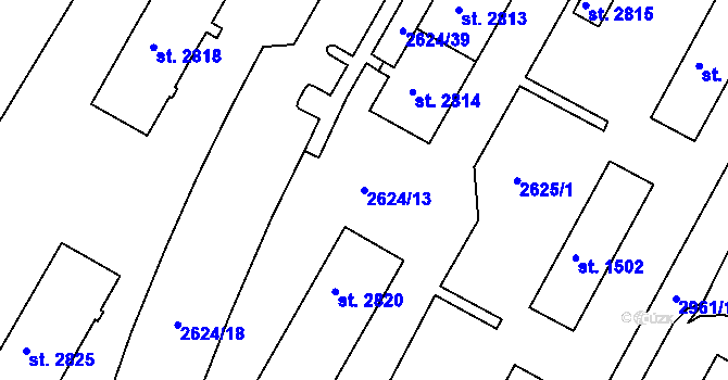 Parcela st. 2624/13 v KÚ Rokycany, Katastrální mapa