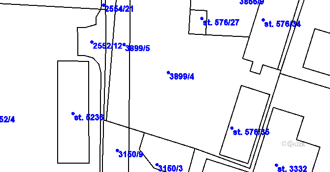 Parcela st. 3899 v KÚ Rokycany, Katastrální mapa