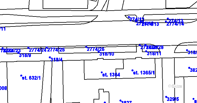 Parcela st. 318/10 v KÚ Rokycany, Katastrální mapa