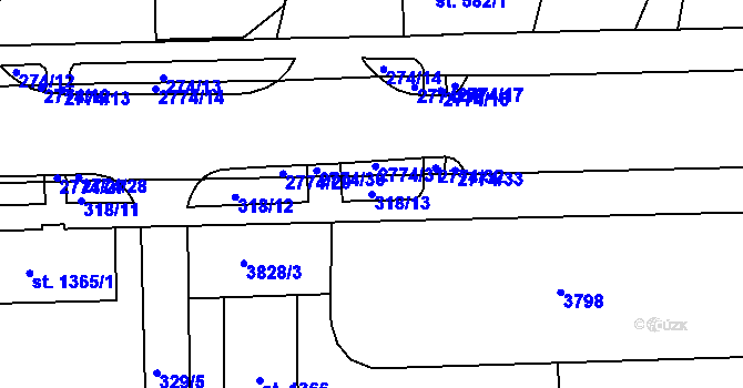 Parcela st. 318/13 v KÚ Rokycany, Katastrální mapa