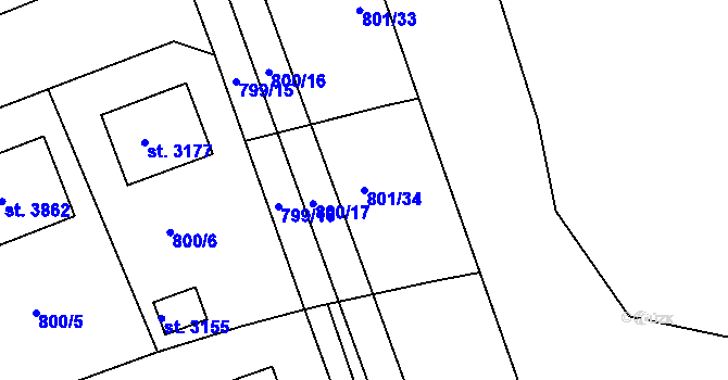 Parcela st. 801/34 v KÚ Rokycany, Katastrální mapa