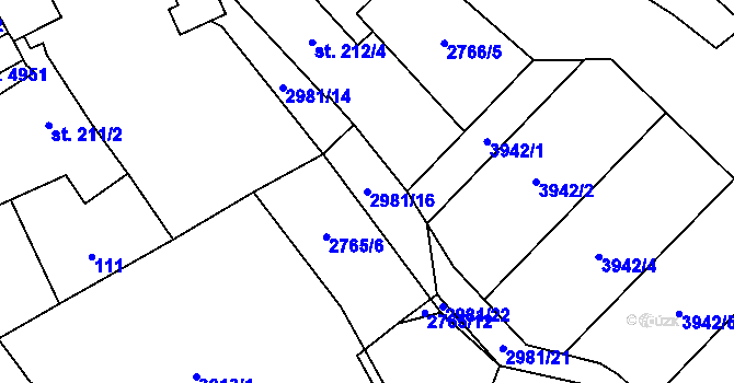 Parcela st. 2981/16 v KÚ Rokycany, Katastrální mapa