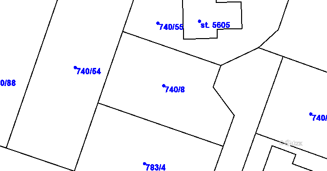 Parcela st. 740/8 v KÚ Rokycany, Katastrální mapa