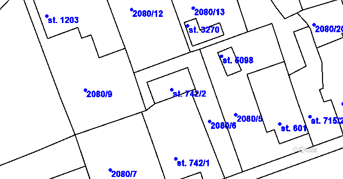 Parcela st. 742/2 v KÚ Rokycany, Katastrální mapa