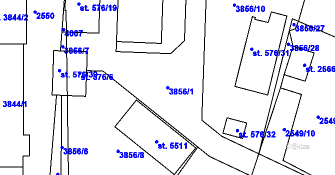 Parcela st. 3856/1 v KÚ Rokycany, Katastrální mapa