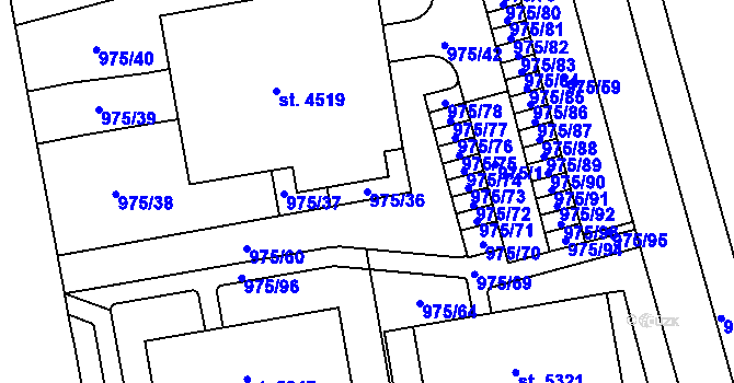 Parcela st. 975/36 v KÚ Rokycany, Katastrální mapa