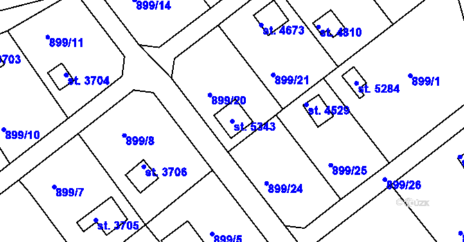Parcela st. 5343 v KÚ Rokycany, Katastrální mapa
