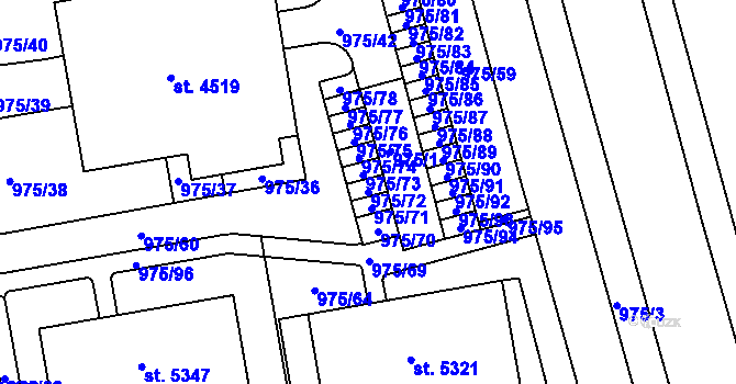 Parcela st. 975/72 v KÚ Rokycany, Katastrální mapa