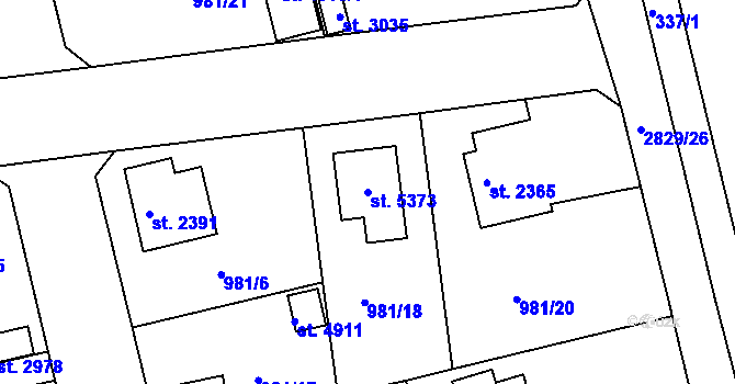 Parcela st. 5373 v KÚ Rokycany, Katastrální mapa