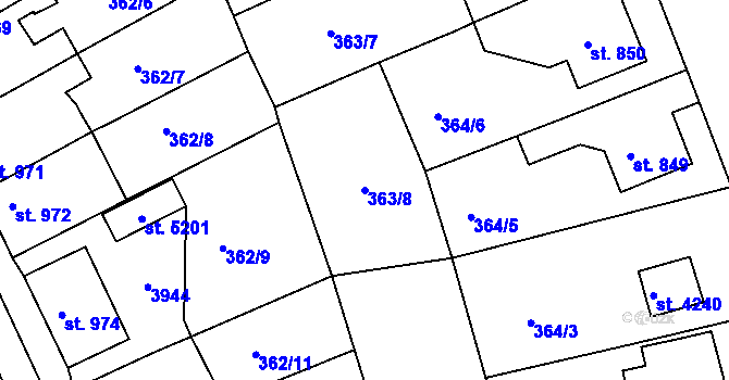 Parcela st. 363/8 v KÚ Rokycany, Katastrální mapa