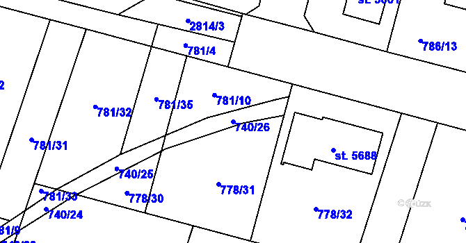 Parcela st. 740/26 v KÚ Rokycany, Katastrální mapa