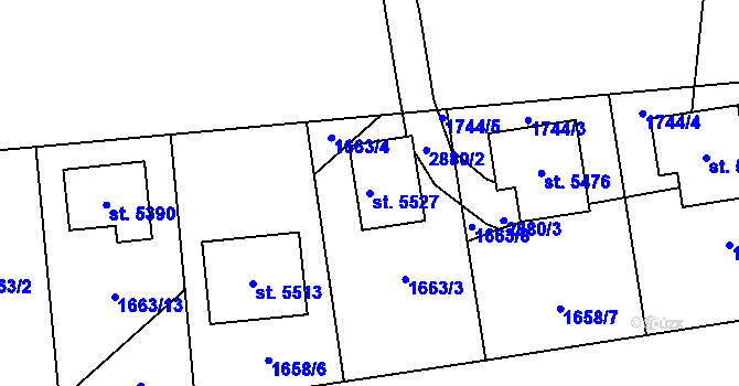 Parcela st. 5527 v KÚ Rokycany, Katastrální mapa