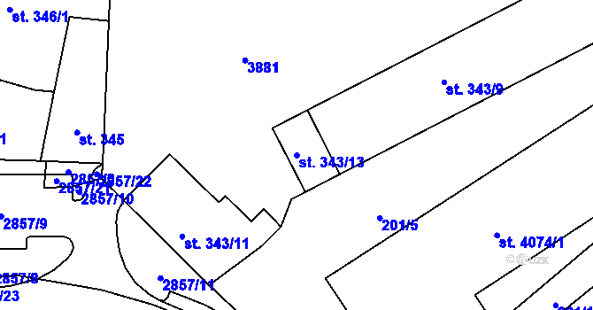 Parcela st. 343/13 v KÚ Rokycany, Katastrální mapa