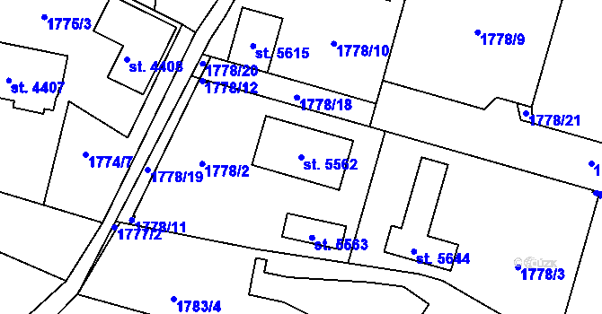 Parcela st. 5562 v KÚ Rokycany, Katastrální mapa