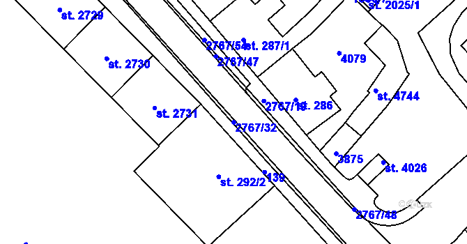 Parcela st. 2767/32 v KÚ Rokycany, Katastrální mapa