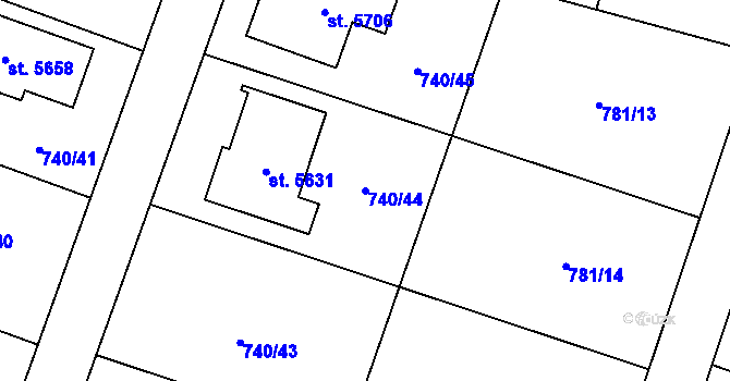 Parcela st. 740/44 v KÚ Rokycany, Katastrální mapa