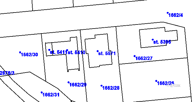Parcela st. 5571 v KÚ Rokycany, Katastrální mapa