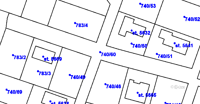 Parcela st. 740/60 v KÚ Rokycany, Katastrální mapa