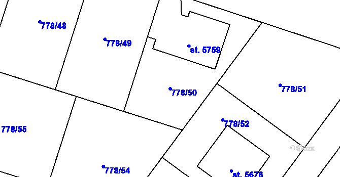Parcela st. 778/50 v KÚ Rokycany, Katastrální mapa
