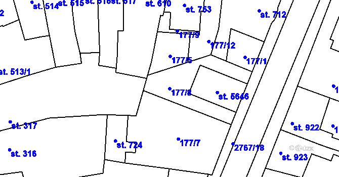 Parcela st. 177/8 v KÚ Rokycany, Katastrální mapa