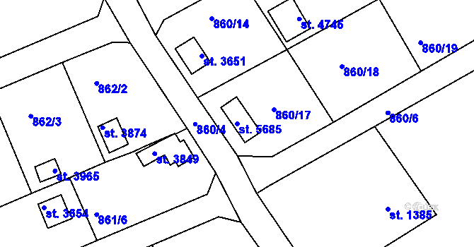 Parcela st. 5685 v KÚ Rokycany, Katastrální mapa