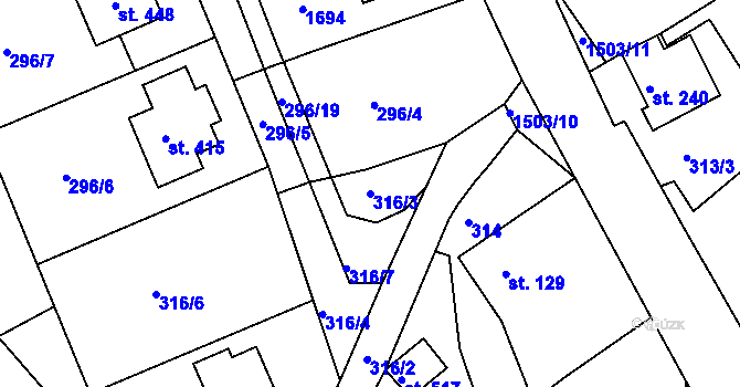 Parcela st. 316/3 v KÚ Rosice u Chrasti, Katastrální mapa