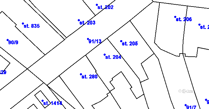 Parcela st. 204 v KÚ Rosice nad Labem, Katastrální mapa