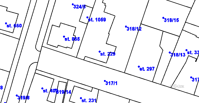 Parcela st. 229 v KÚ Rosice nad Labem, Katastrální mapa